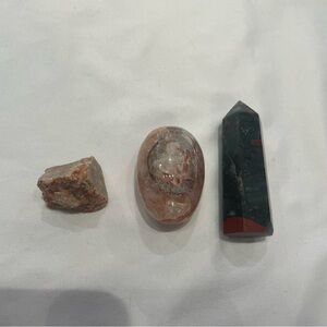 Bloodstone Crystal Tower Obelisk, Fire Quartz Palm Stone, & Raw Sunstone Chunk